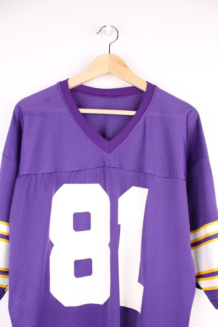  Champion Minnesota Vikings NFL jersey in purple with yellow and white accent stripes, an embroidered logo on the sleeve, and no.81 on the front, back and each sleeve.