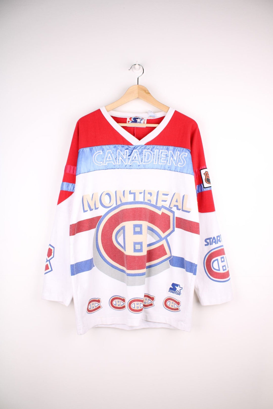 80's Montreal Canadiens Starter Champions Jersey in white with red and blue panels, Champion C logos throughout and trophy graphic on the back.