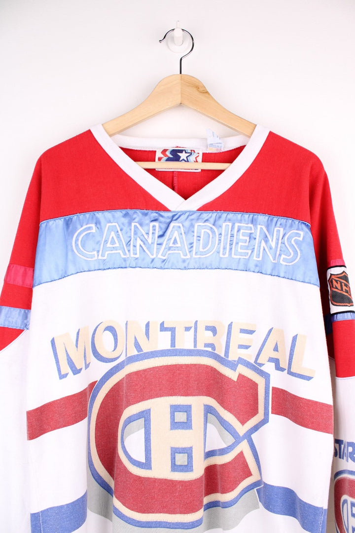 80's Montreal Canadiens Starter Champions Jersey in white with red and blue panels, Champion C logos throughout and trophy graphic on the back.