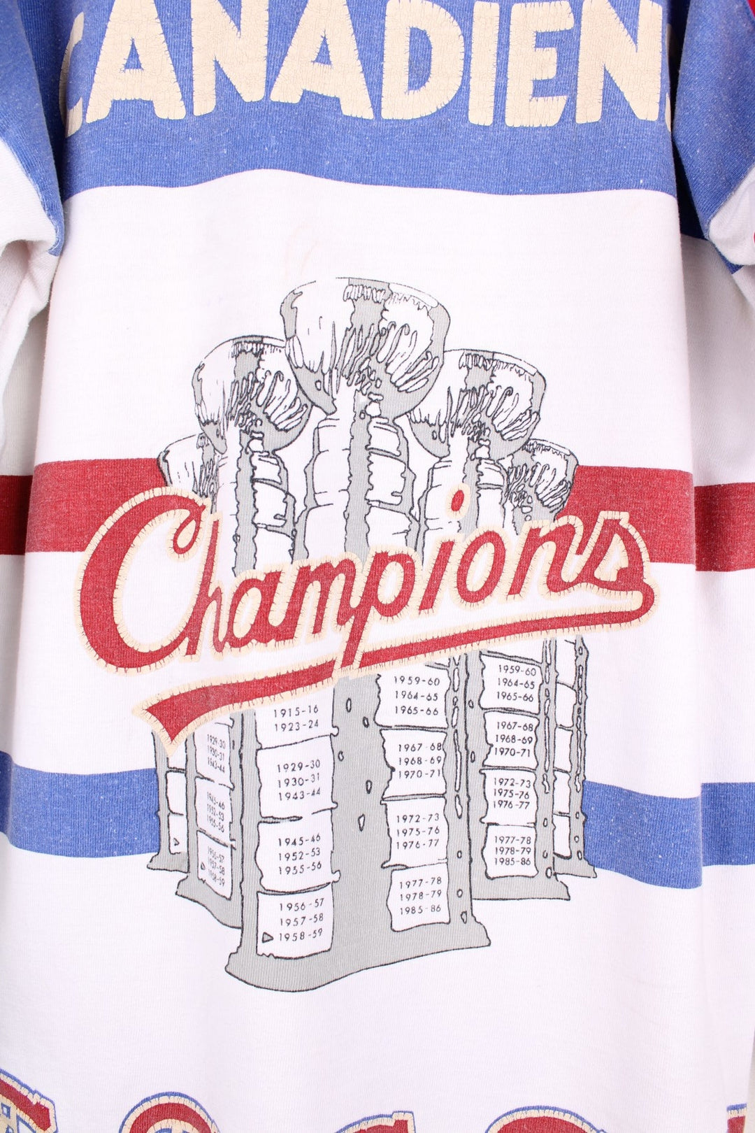 80's Montreal Canadiens Starter Champions Jersey in white with red and blue panels, Champion C logos throughout and trophy graphic on the back.