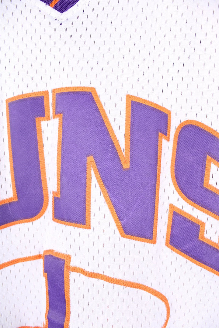 Phoenix Suns Amar'e Stoudemire #1 Adidas NBA jersey in a white, purple and orange colourway. Features embroidered lettering and logos on the chest.