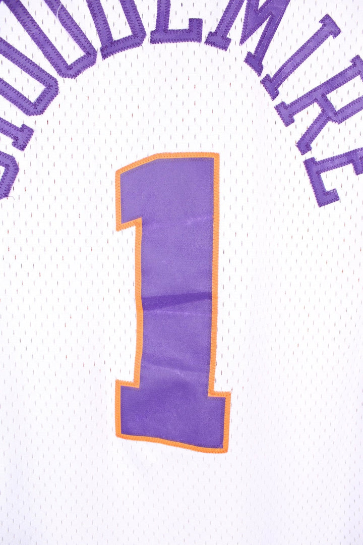 Phoenix Suns Amar'e Stoudemire #1 Adidas NBA jersey in a white, purple and orange colourway. Features embroidered lettering and logos on the chest.