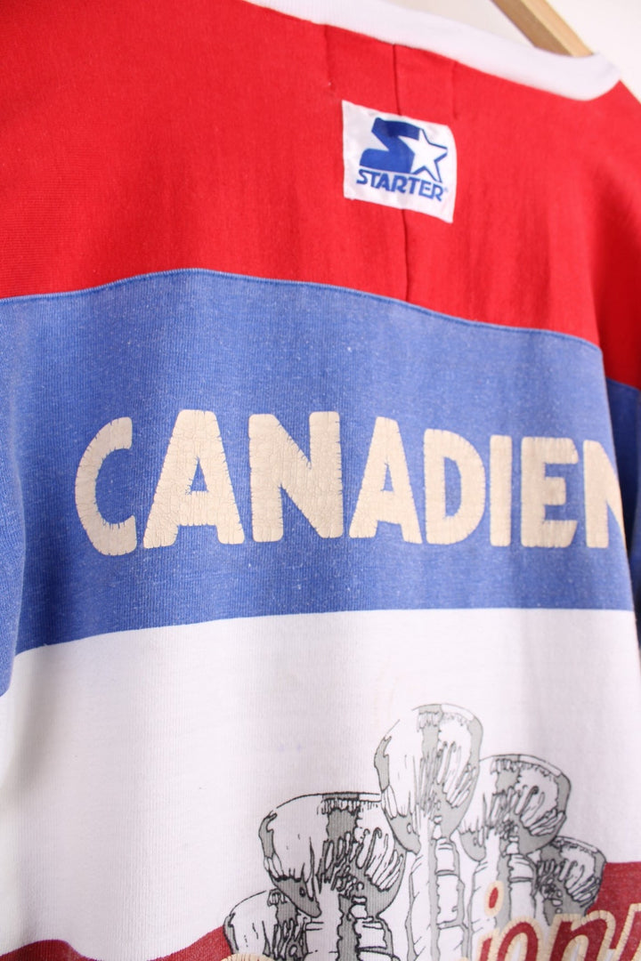 80's Montreal Canadiens Starter Champions Jersey in white with red and blue panels, Champion C logos throughout and trophy graphic on the back.