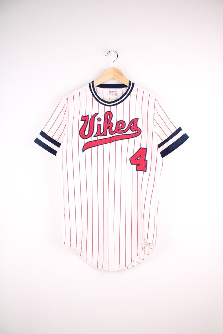 Wilson Vikes baseball jersey in white with red pinstripes, navy blue collar and cuffs, a red spellout, and no. 4 on the front and back..