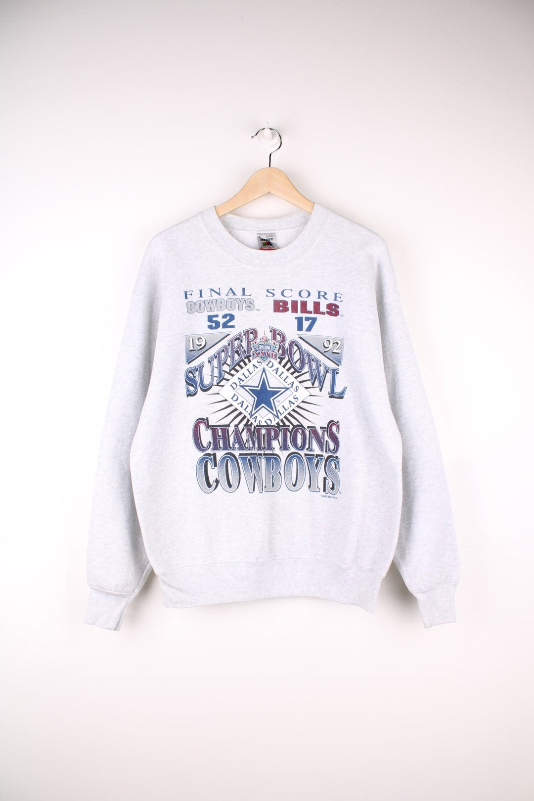 Vintage 1992 Dallas Cowboys Super Bowl Champions Sweatshirt in a grey colourway with the score and team spell out logo printed on the front. 