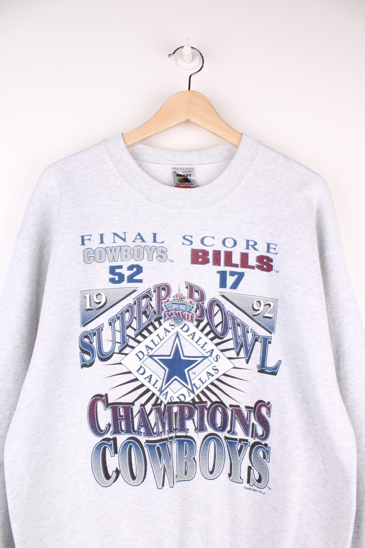 Vintage 1992 Dallas Cowboys Super Bowl Champions Sweatshirt in a grey colourway with the score and team spell out logo printed on the front. 