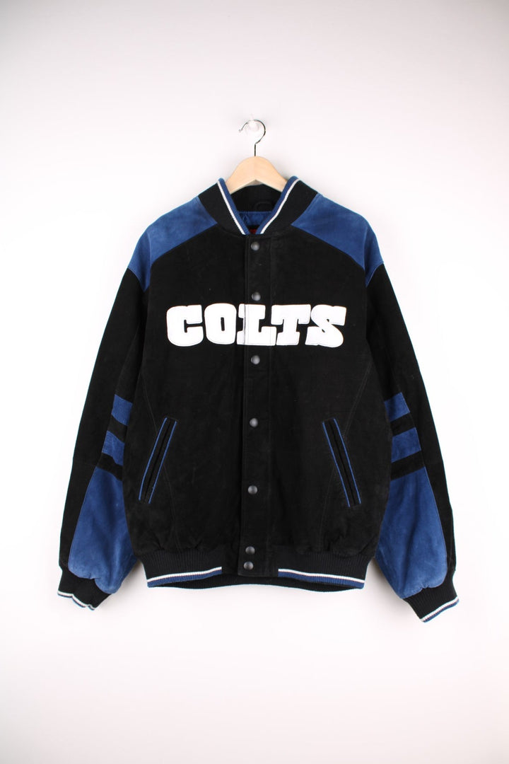 Indianapolis Colts Leather Varsity Jacket in a black and blue colourway, button up with side pockets, insulated with a quilted lining, and has the team spell out and logo embroidered on the front and back.