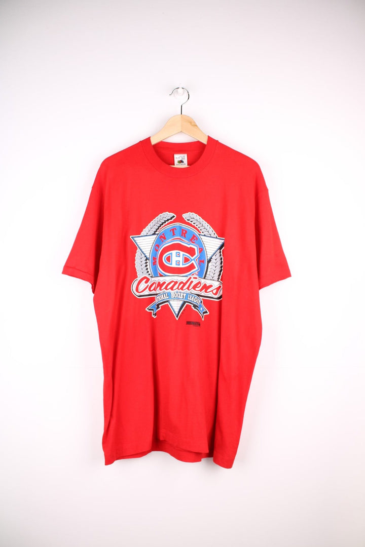 Montreal Canadiens NHL t-shirt by Fruit of the Loom in red with blue and white crest graphic on the front.