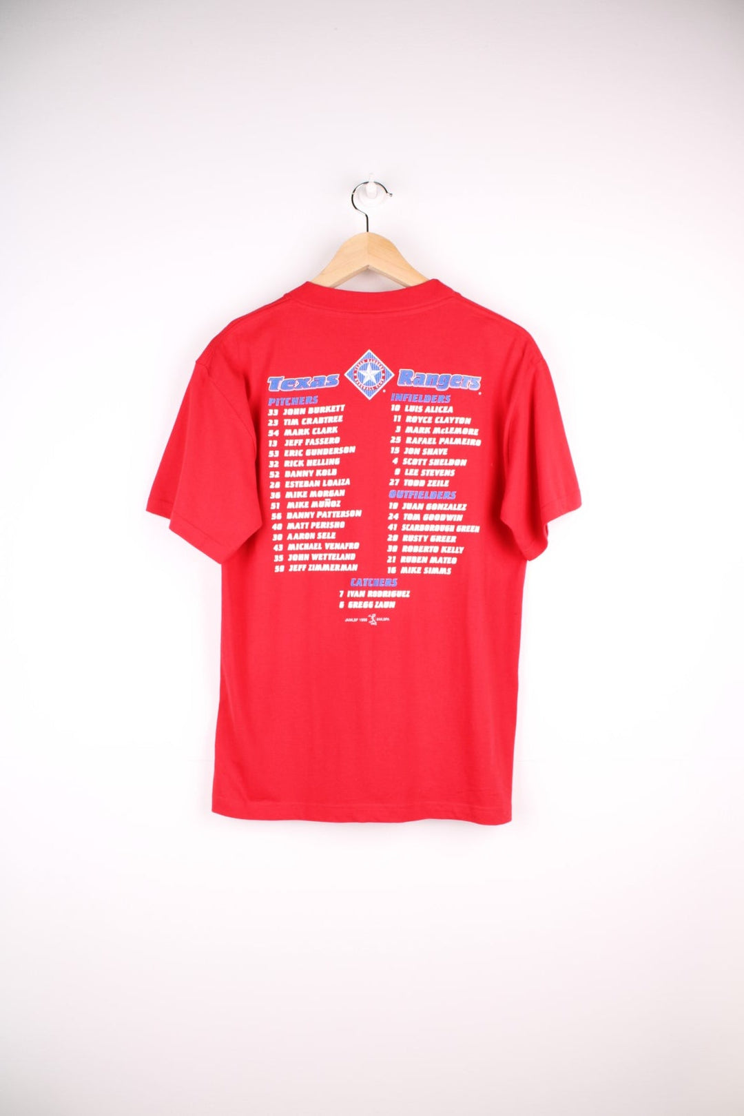 Texas Rangers MLB MLB t-shirt in red with front spellout in blue and team names list on the back.