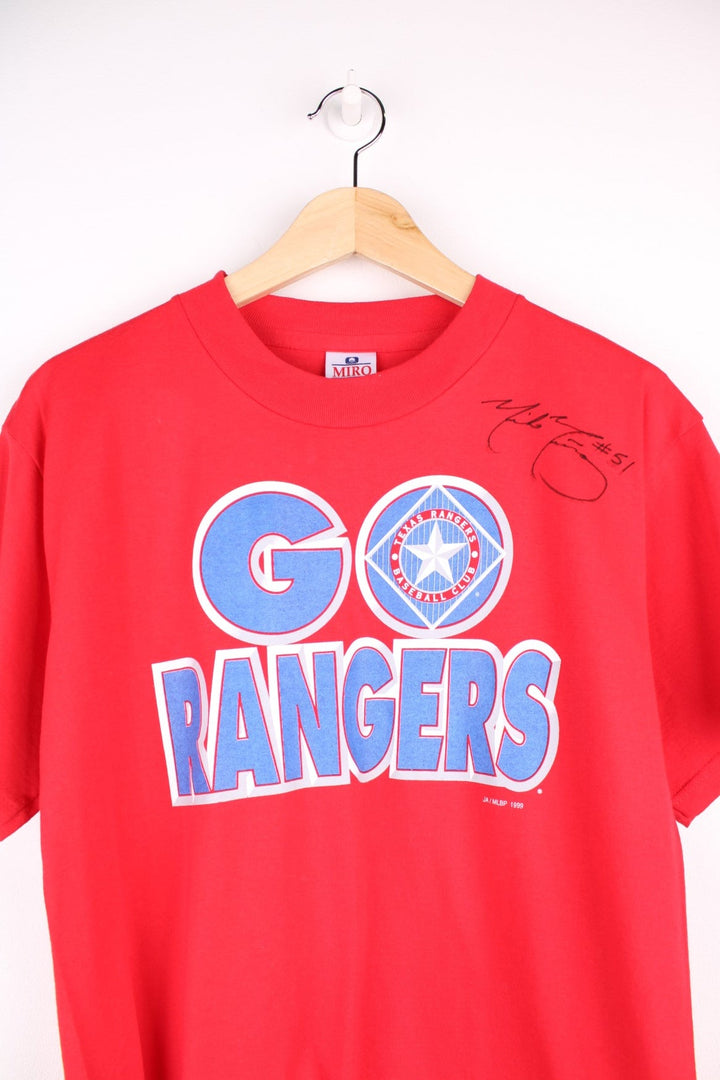 Texas Rangers MLB MLB t-shirt in red with front spellout in blue and team names list on the back.