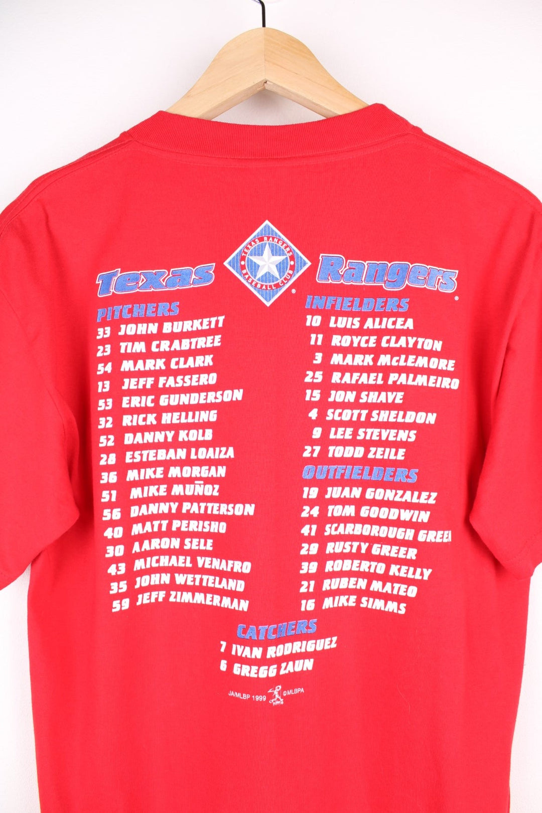 Texas Rangers MLB MLB t-shirt in red with front spellout in blue and team names list on the back.