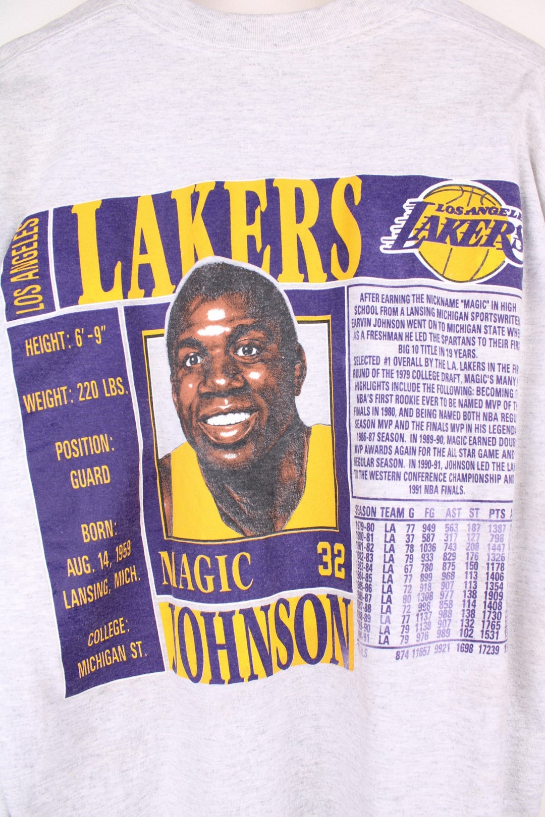 Los Angeles Lakers NBA Magic Johnson t-shirt in grey with yellow and purple accents, multiple team/NFL logos, illustrations of Johnson and his stats and a bio written on the back.