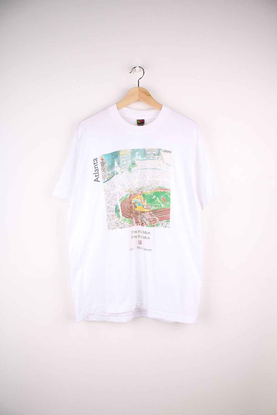 Vintage 1996 Atlanta Olympics track themed tee in grey with race track and US flag illustrations and text reading '200m final men, 400m final men, Gold: Michael Johnson'.