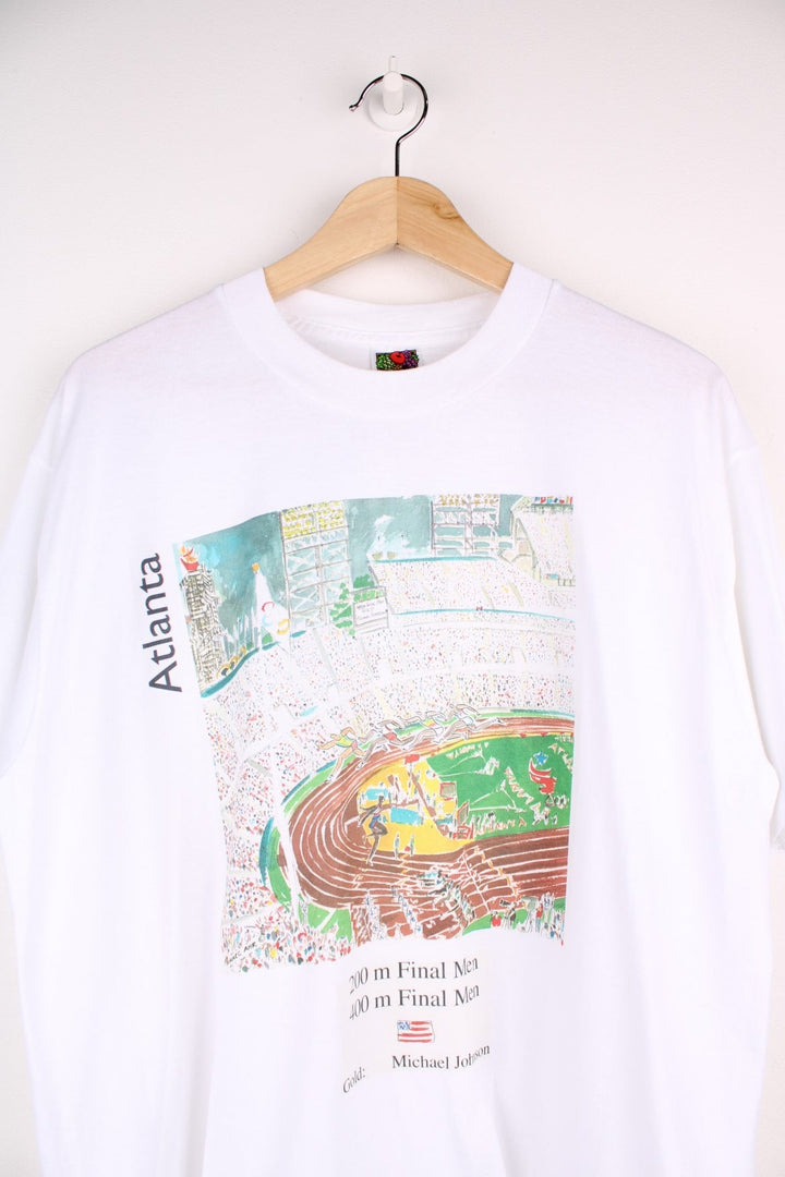 Vintage 1996 Atlanta Olympics track themed tee in grey with race track and US flag illustrations and text reading '200m final men, 400m final men, Gold: Michael Johnson'.