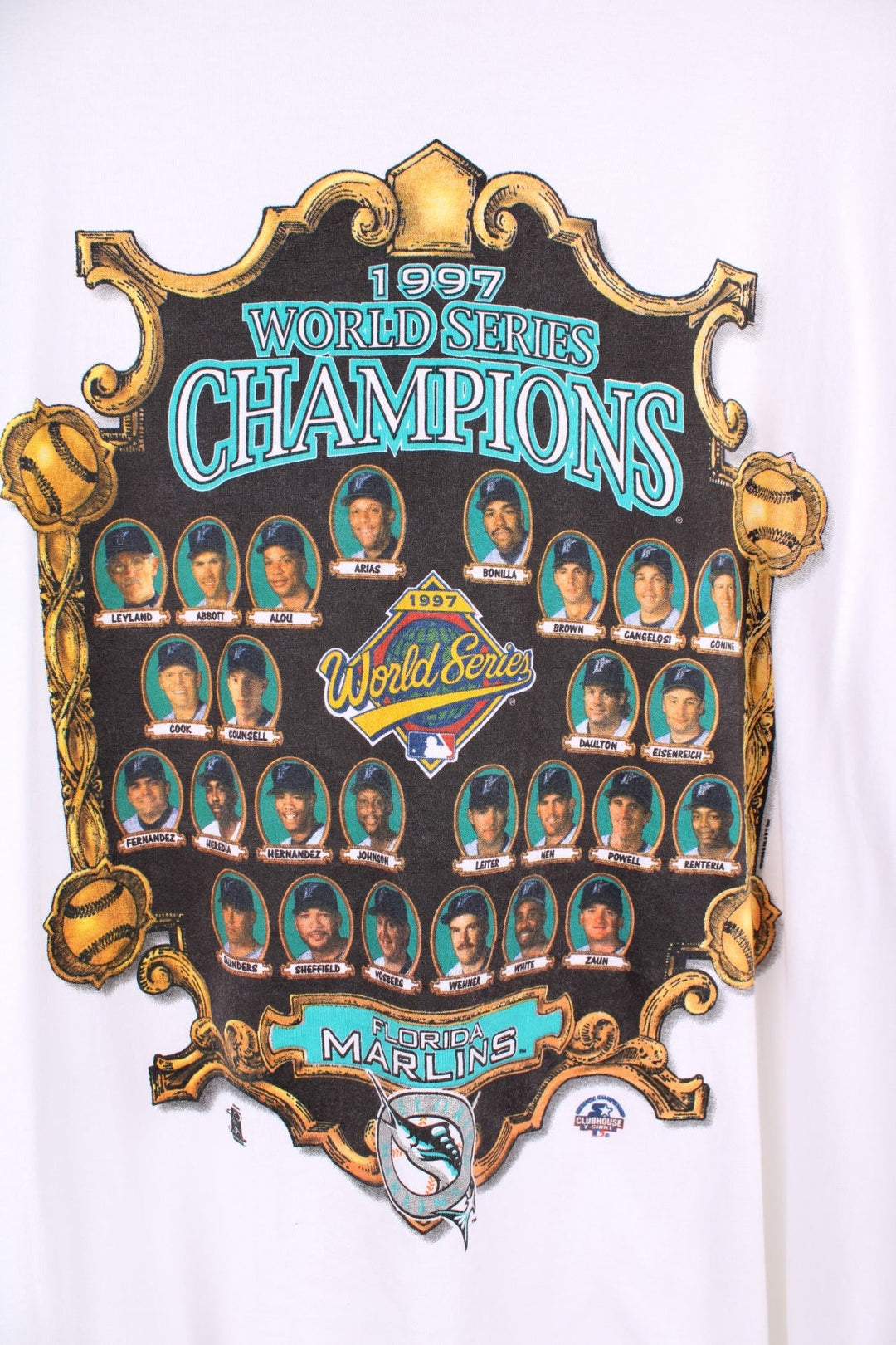 Florida Marlins 1997 World Series MLB tee in white with crest graphic with photos of players. .