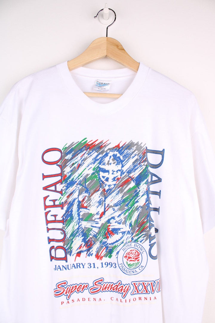 Buffalo vs Dallas 1993 Rose Bowl NFL tee in white with abstract football player graphic and spellout reading 'Super Sunday XXVI Pasadena California'.