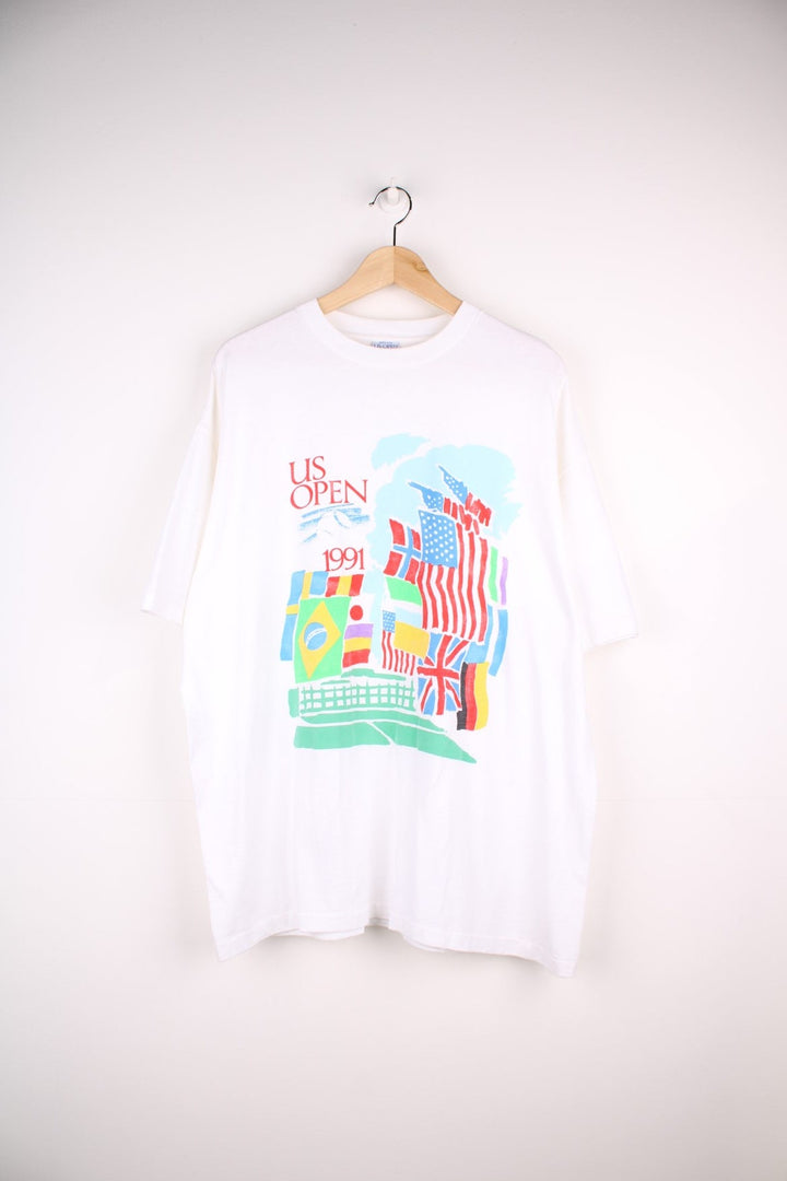 Vintage official 1991 US Open tee in white with colourful flags graphic on the front.