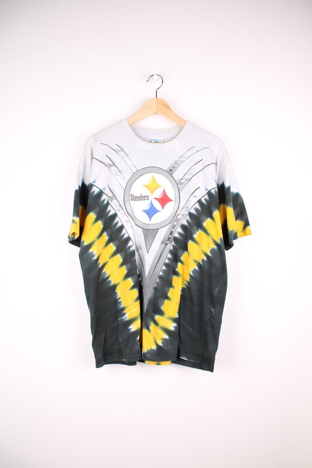 Pittsburgh Steelers NFL tie-dye effect tee in grey, white, black and yellow with metal designs and the team logo front and back.