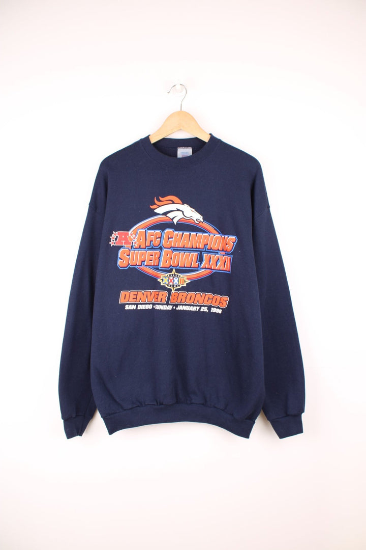 1998 Denver Broncos Super Bowl Champions Sweatshirt in a blue, orange and white colourway with the spell out and logo printed across the front. 