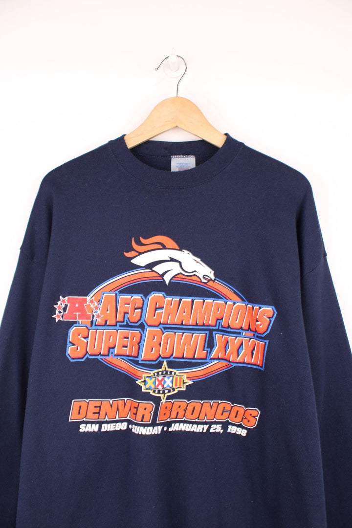 1998 Denver Broncos Super Bowl Champions Sweatshirt in a blue, orange and white colourway with the spell out and logo printed across the front. 