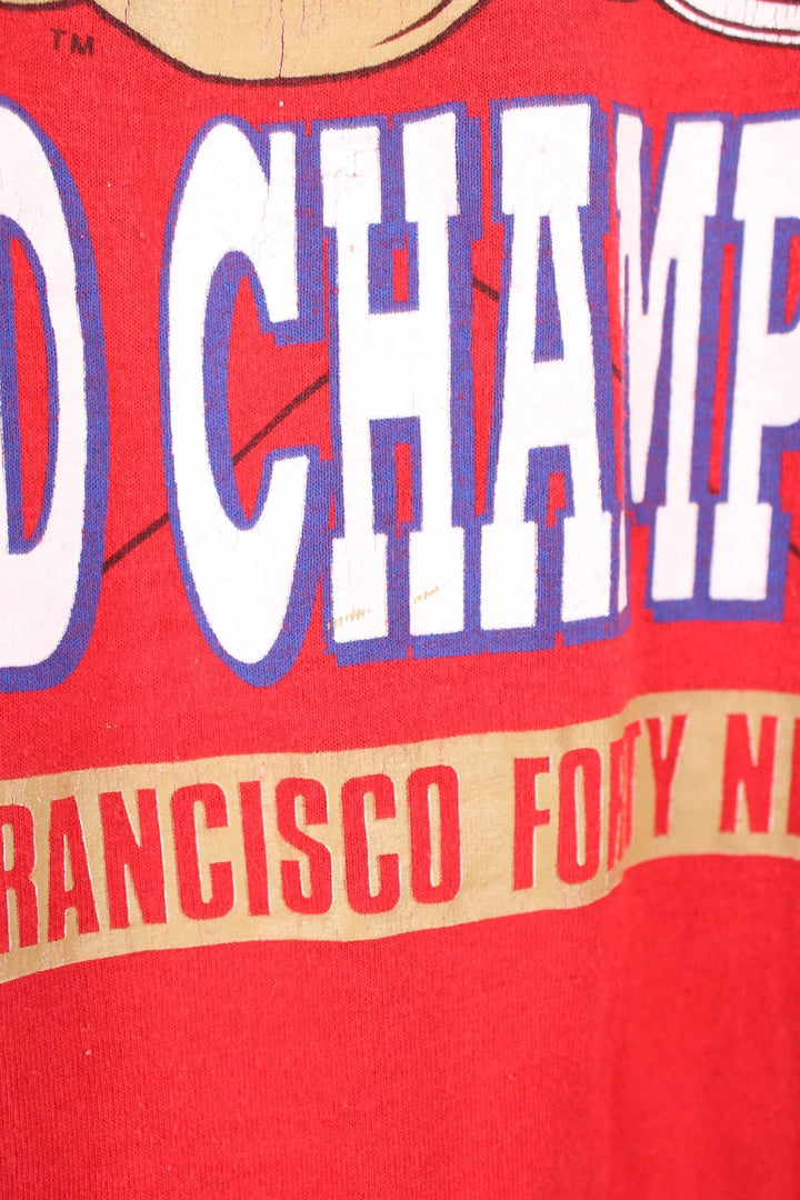 80's San Francisco 49ers Back To Back Champions T-Shirt in a red colourway with the team logo and spell out printed on the front. 