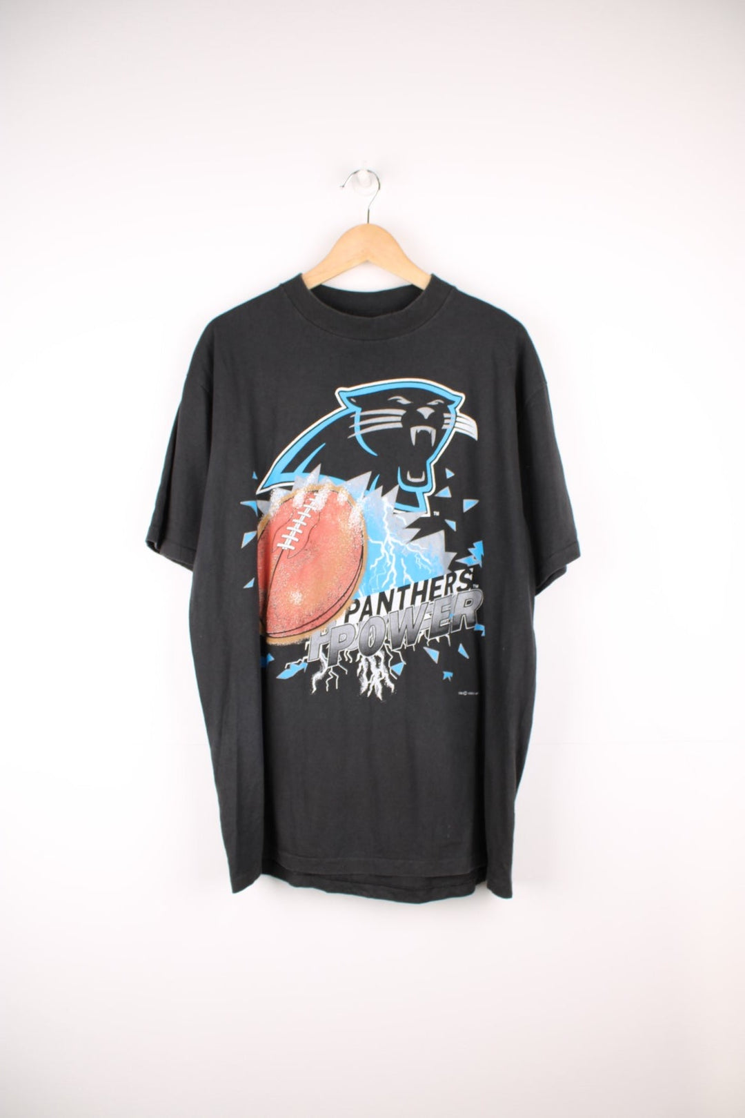 1993 Carolina Panthers Chalk Line T-Shirt in a black colourway with the team logo and spell out printed on the front. 