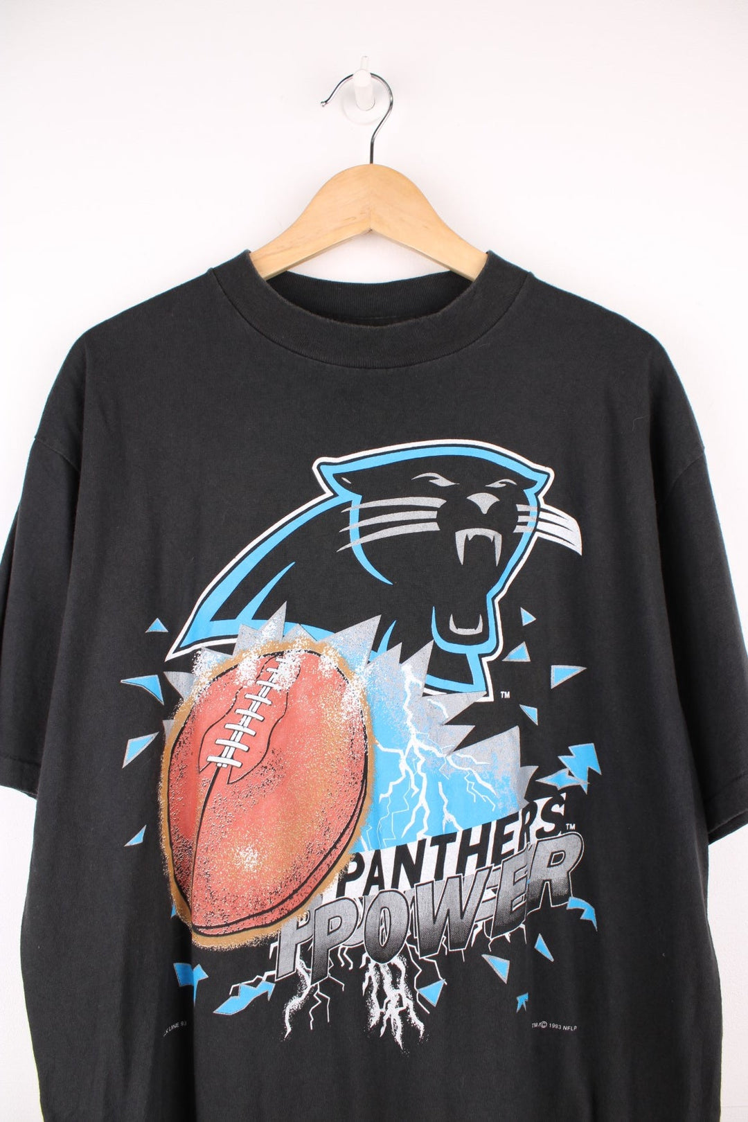 1993 Carolina Panthers Chalk Line T-Shirt in a black colourway with the team logo and spell out printed on the front. 