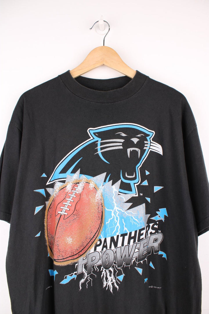 1993 Carolina Panthers Chalk Line T-Shirt in a black colourway with the team logo and spell out printed on the front. 