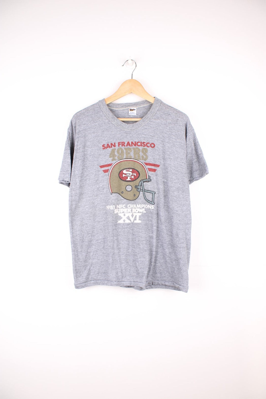 1981 San Francisco 49ers Super Bowl Champions T-Shirt in a grey colourway with the team logo and spell out printed on the front. 