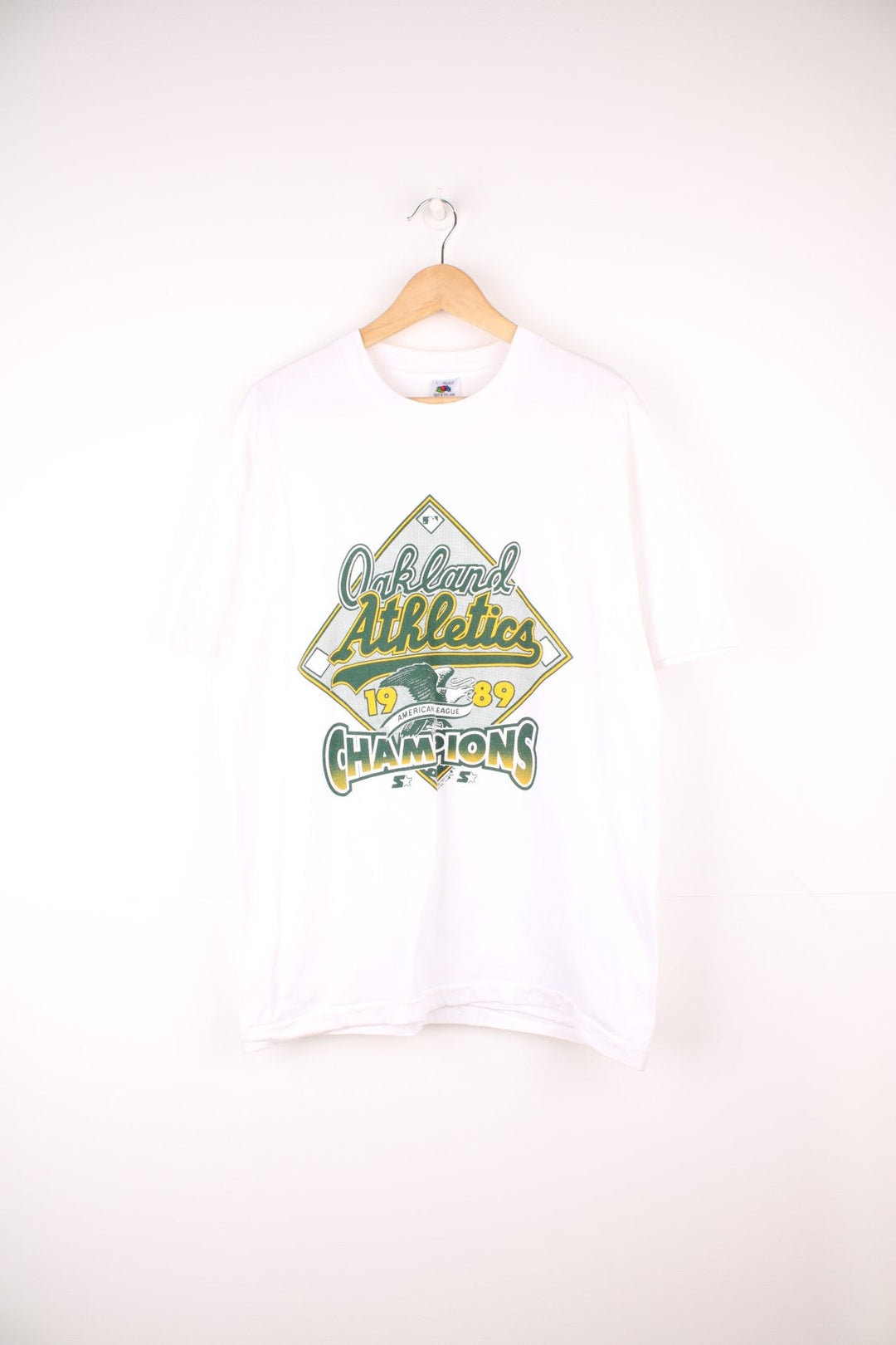 1989 Oakland Athletics MLB Champions T-Shirt in a white colourway with the team logo and spell out printed on the front. 