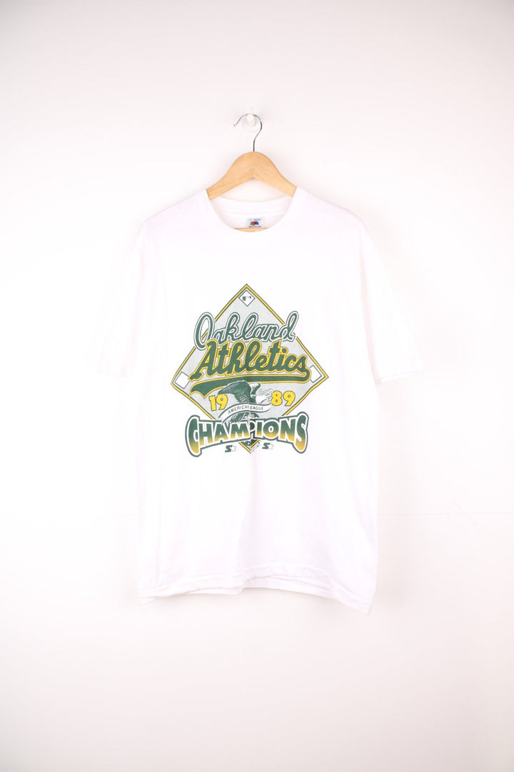 1989 Oakland Athletics MLB Champions T-Shirt in a white colourway with the team logo and spell out printed on the front. 