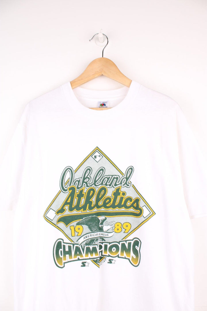 1989 Oakland Athletics MLB Champions T-Shirt in a white colourway with the team logo and spell out printed on the front. 