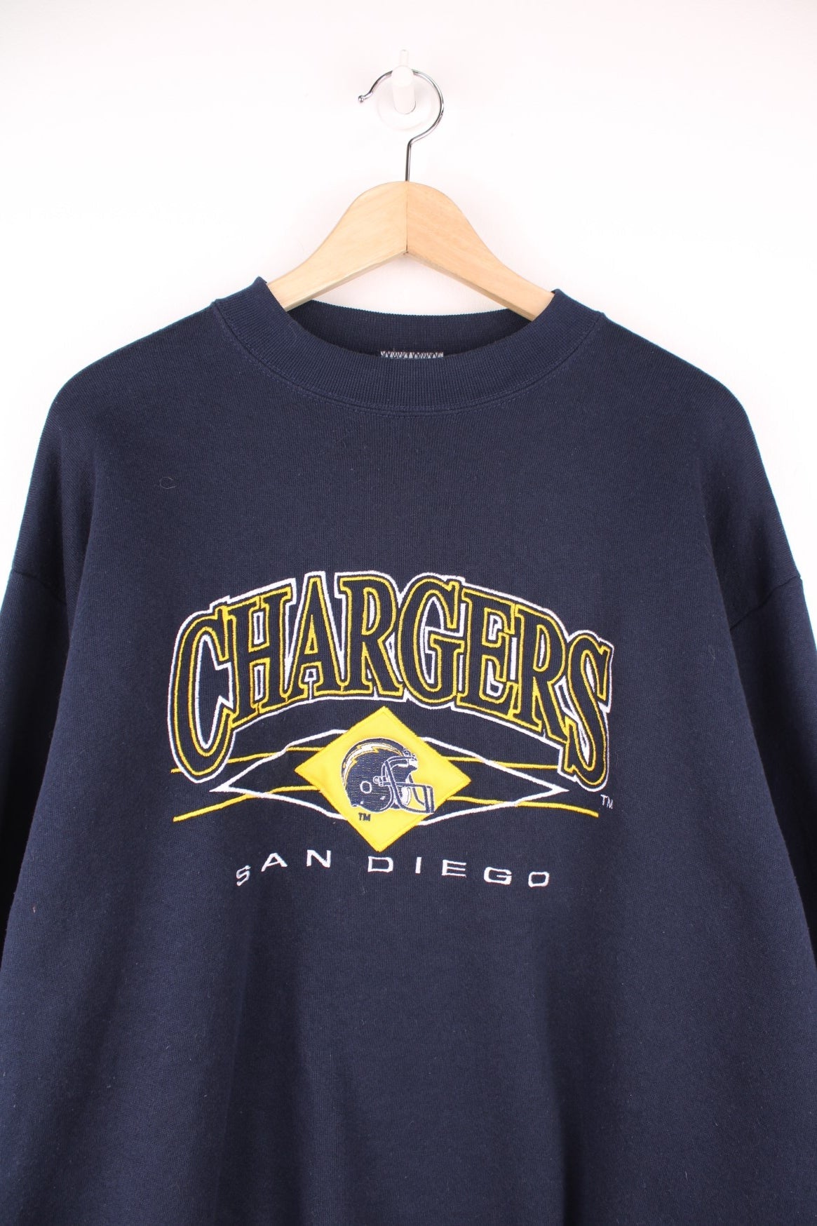 San Diego Chargers crew neck sweatshirt with embroidered logo across the chest.