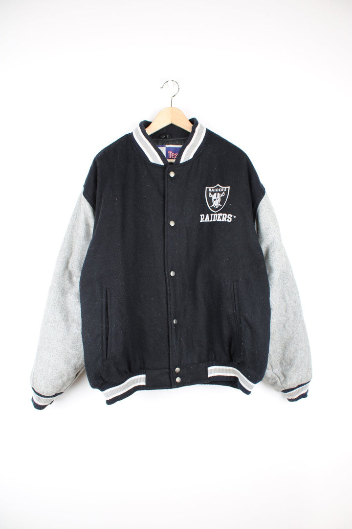 Oakland Raiders black and grey wool varsity jacket by Logo 7 features embroidered badges and lettering 