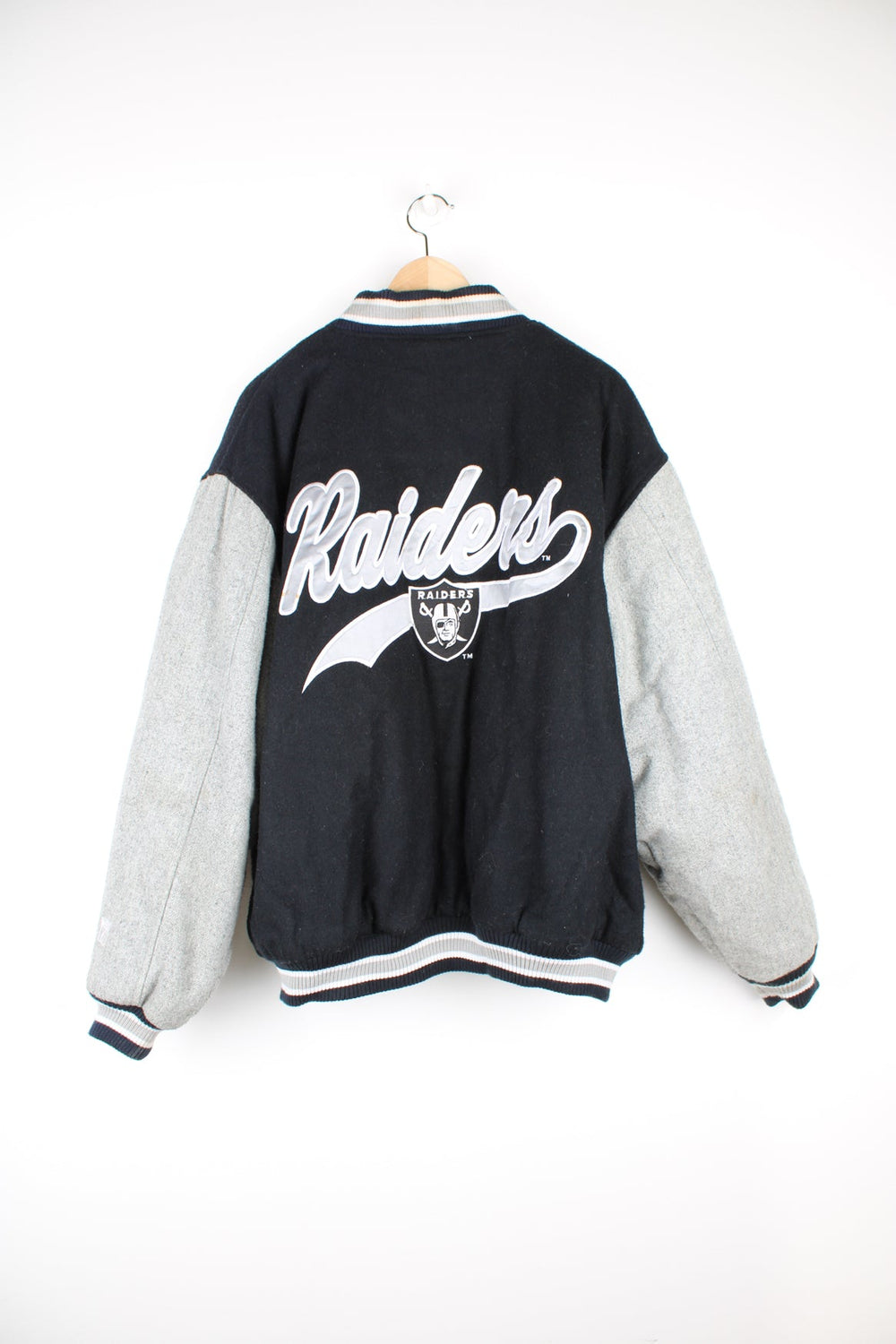 Oakland Raiders black and grey wool varsity jacket by Logo 7 features embroidered badges and lettering 