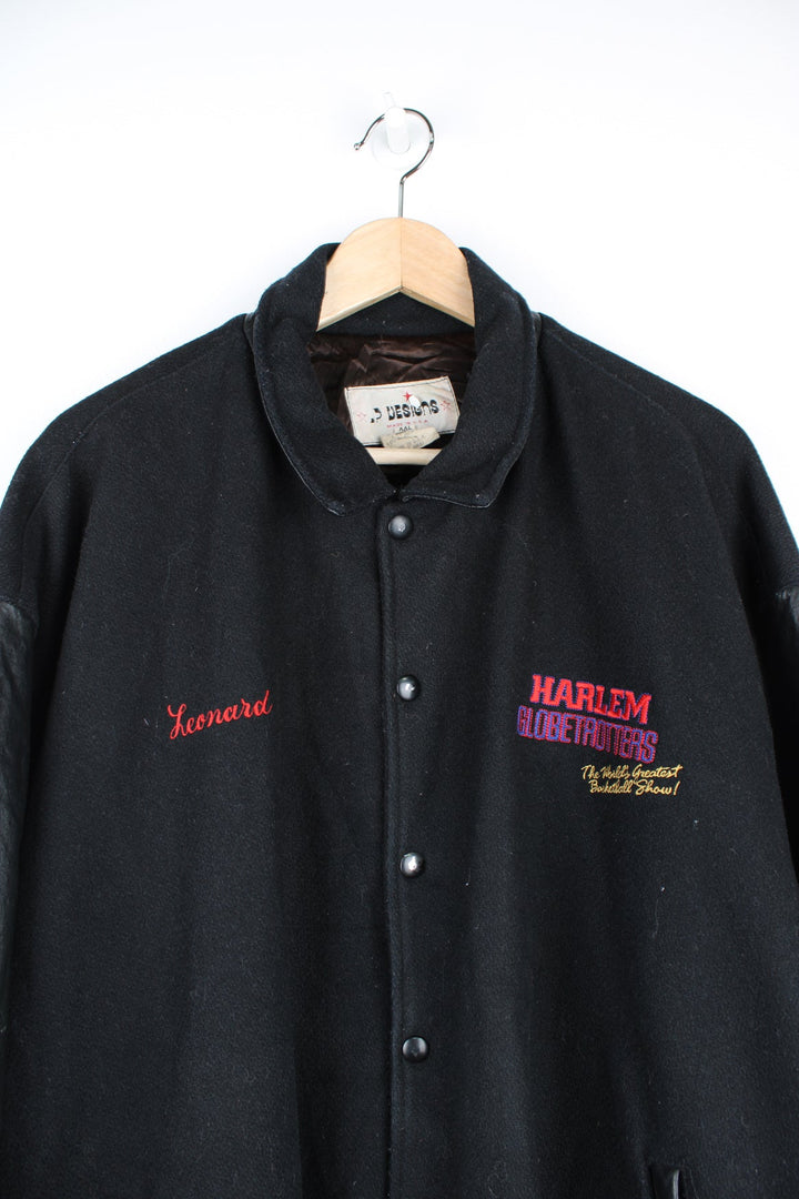 Vintage Harlem Globetrotters 'World Tour' varsity jacket by LP Designs, features embroidered name, badges and spell-out motif on the back