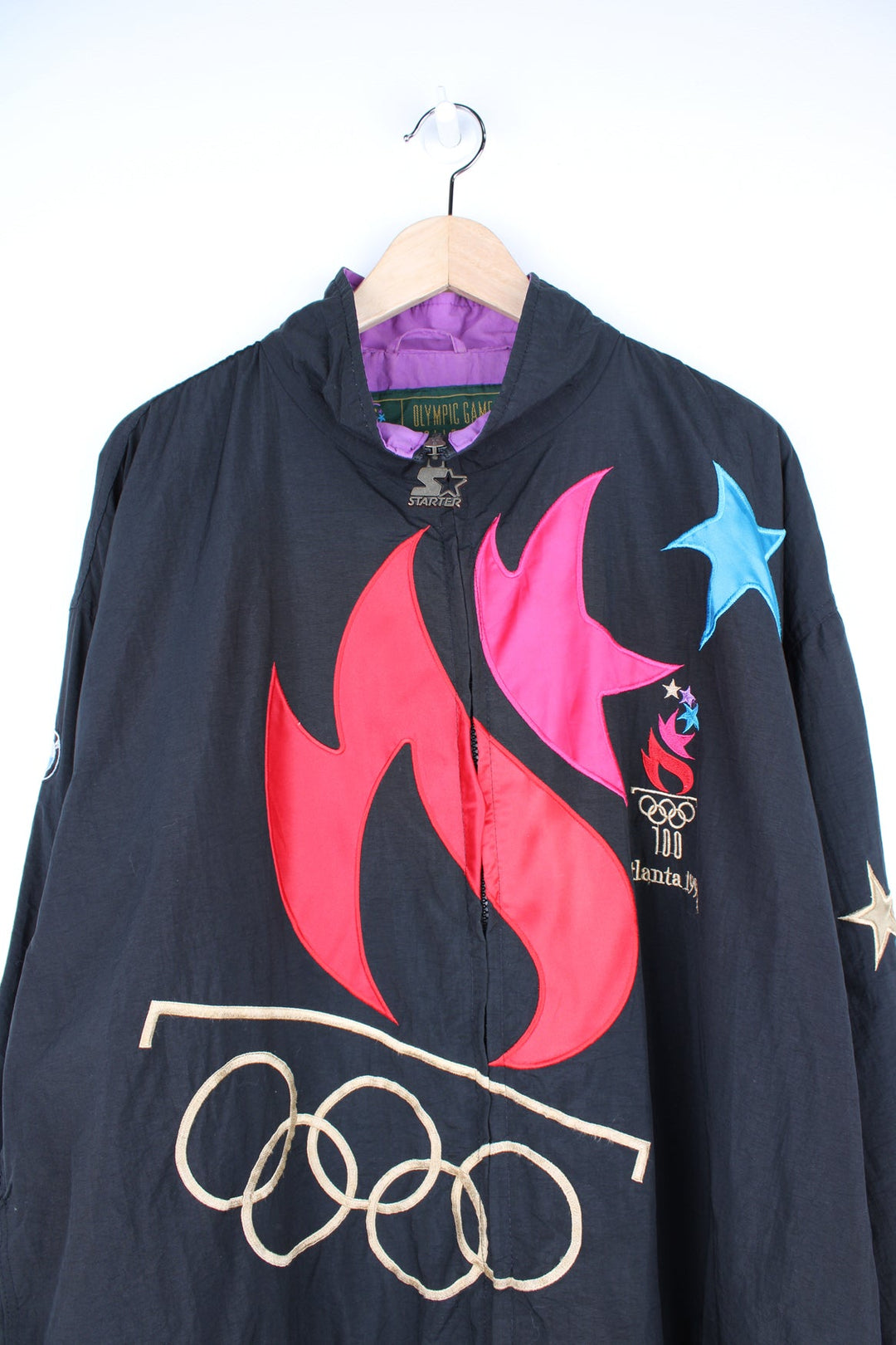 Vintage 1996 Atlanta Olympics themed track jacket with full zip and embroidered details all over