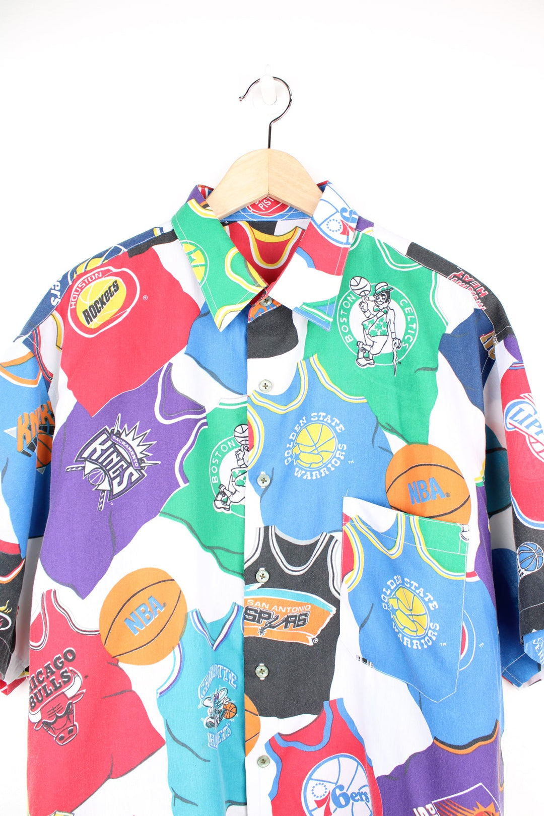 Vintage 90's handmade button up cotton shirt with all over print of NBA jerseys