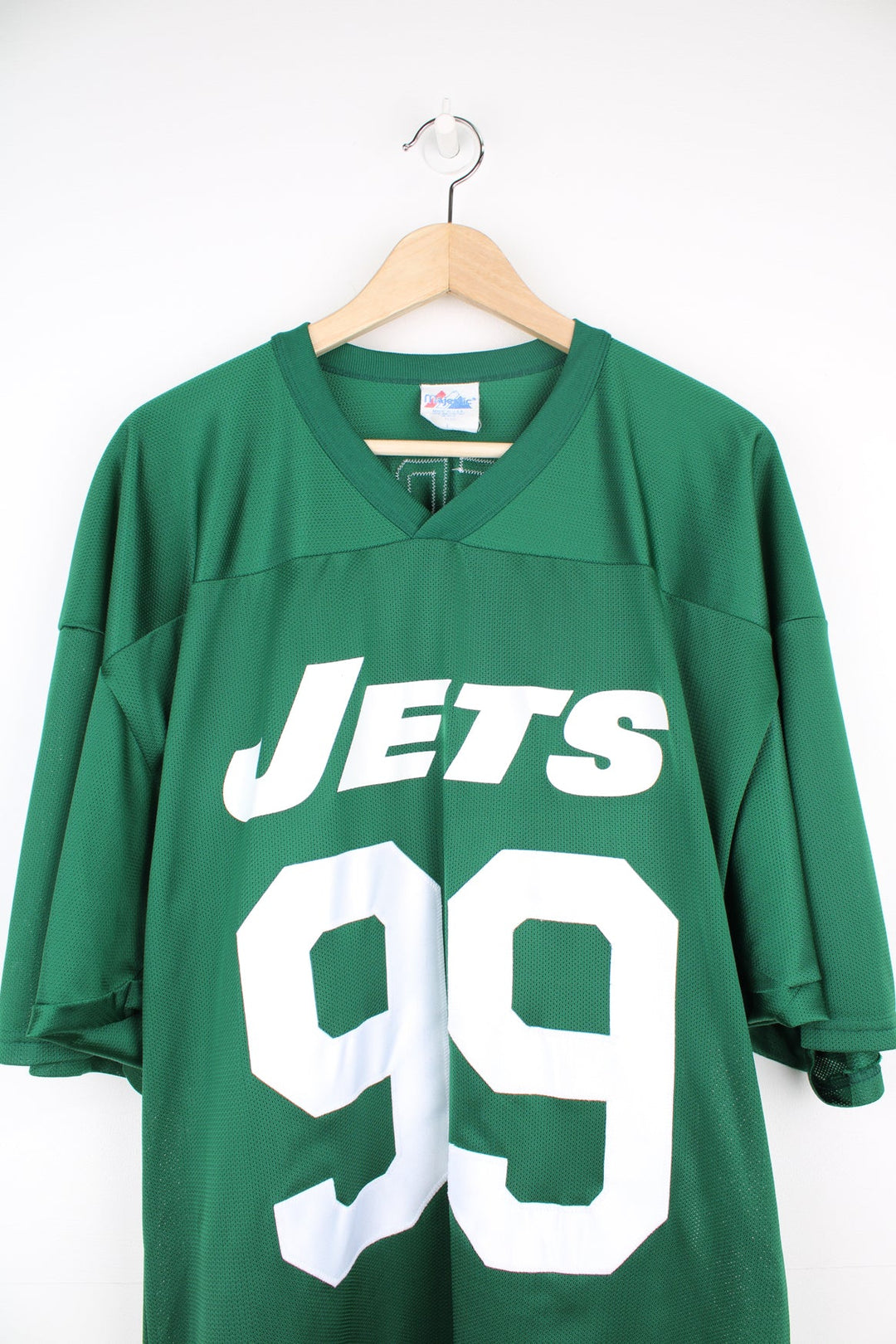 Vintage New York Jets green football jersey by Majestic. Features embroidered spell-out 'Stephie' on the back