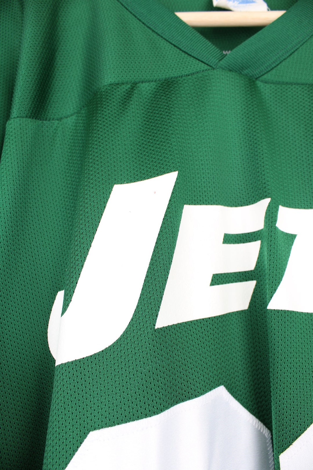 Vintage New York Jets green football jersey by Majestic. Features embroidered spell-out 'Stephie' on the back