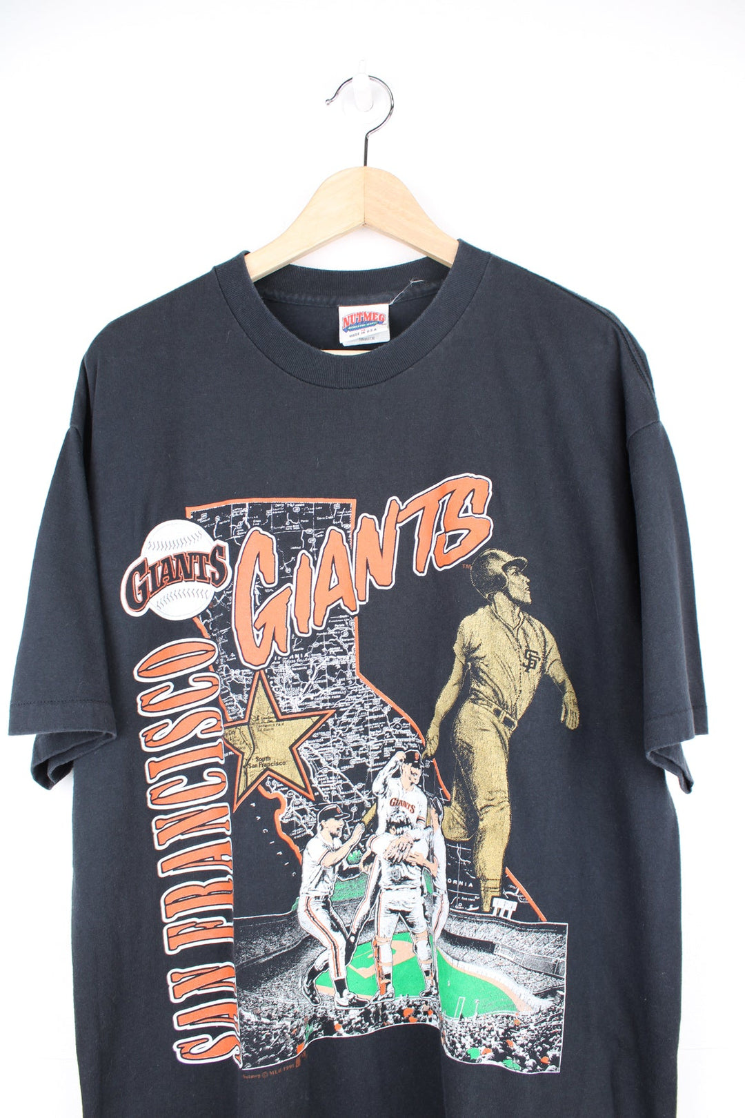 Vintage 1991 San Francisco Giants MLB black t-shirt with printed Giants graphic on the chest. Made in the USA by Nutmeg with single stitch seams