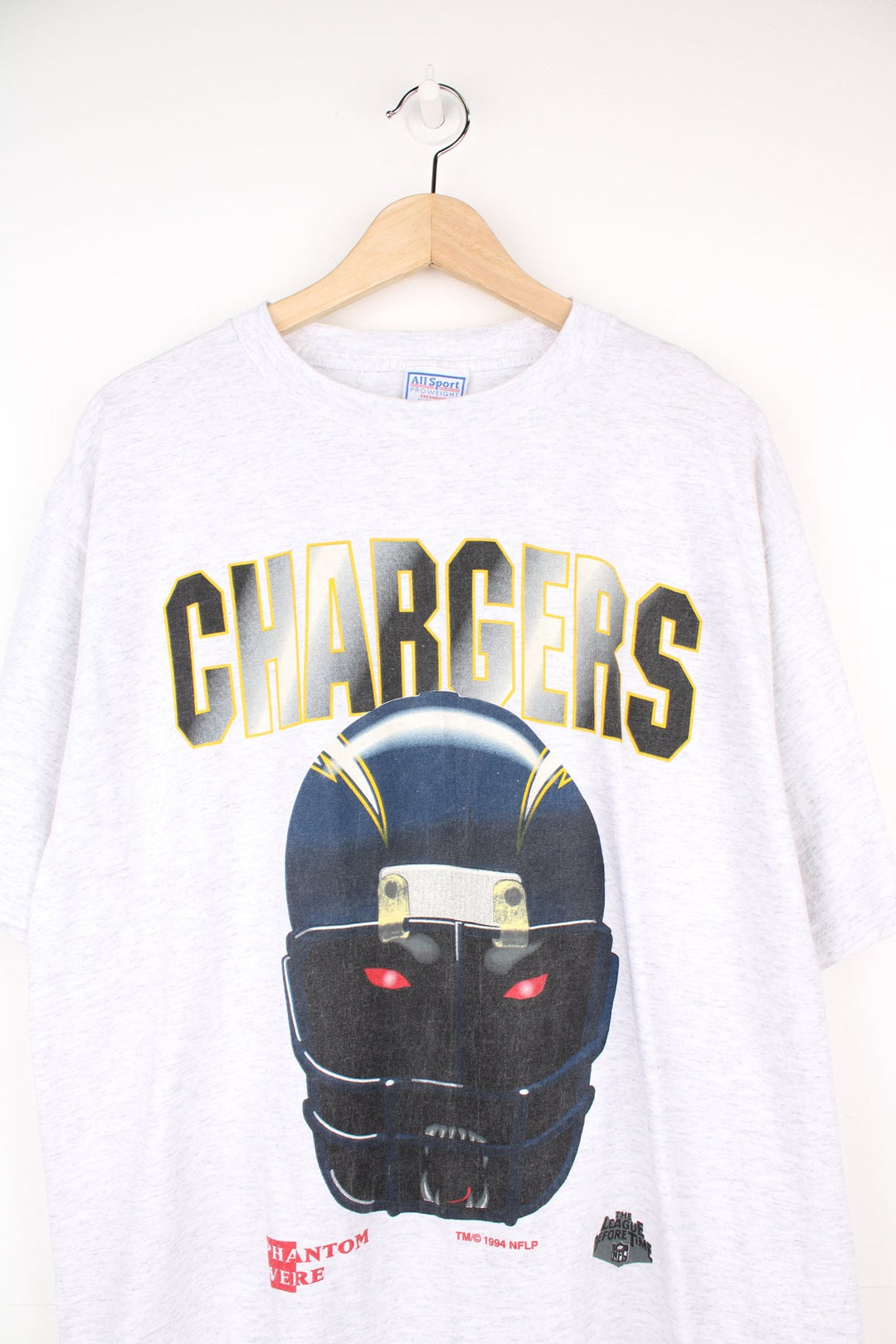 Vintage 1994 Los Angeles Chargers grey single stitch t-shirt with printed spell-out graphic on the front 