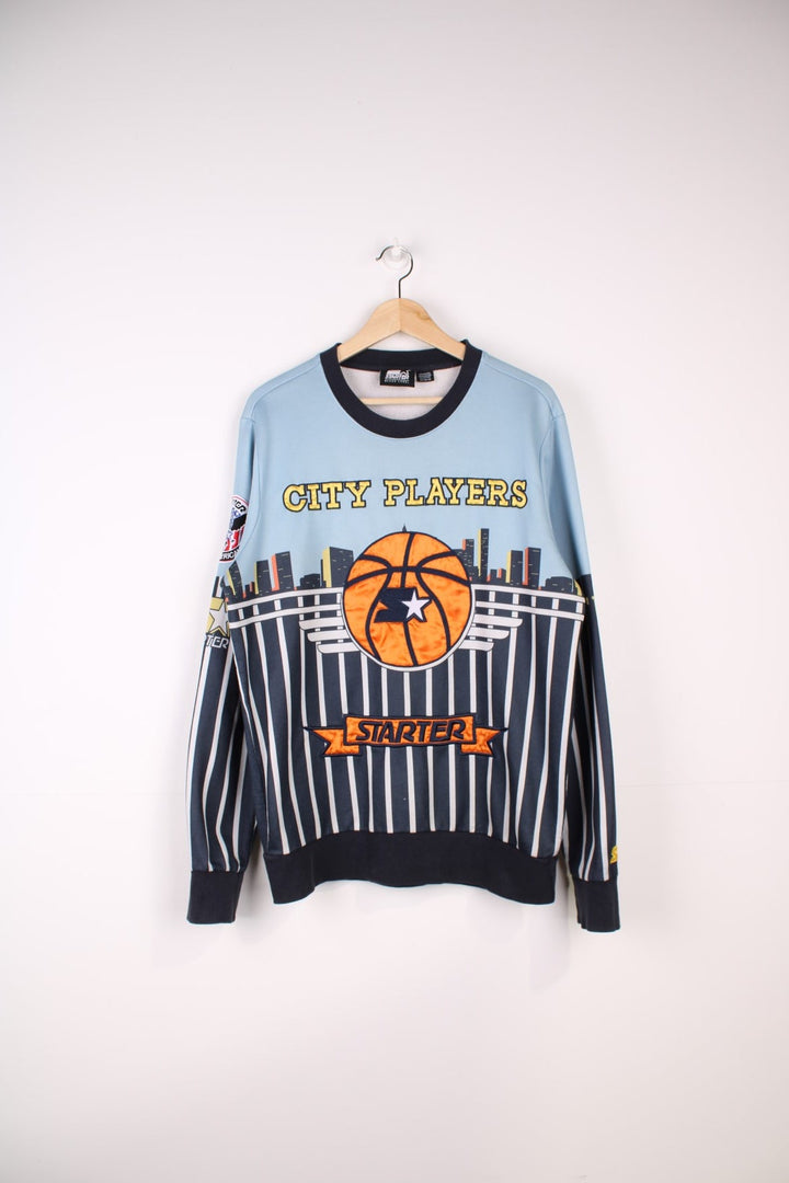 Y2K Starter Black Label City Players Slam Jam Sweatshirt in a blue colourway with the basketball graphic and the logos embroidered all over.