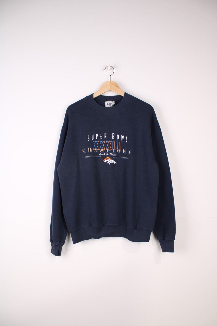 Denver Broncos NFL Super Bowl Champions Sweatshirt in a blue colourway with the team logo and spell out printed on front.