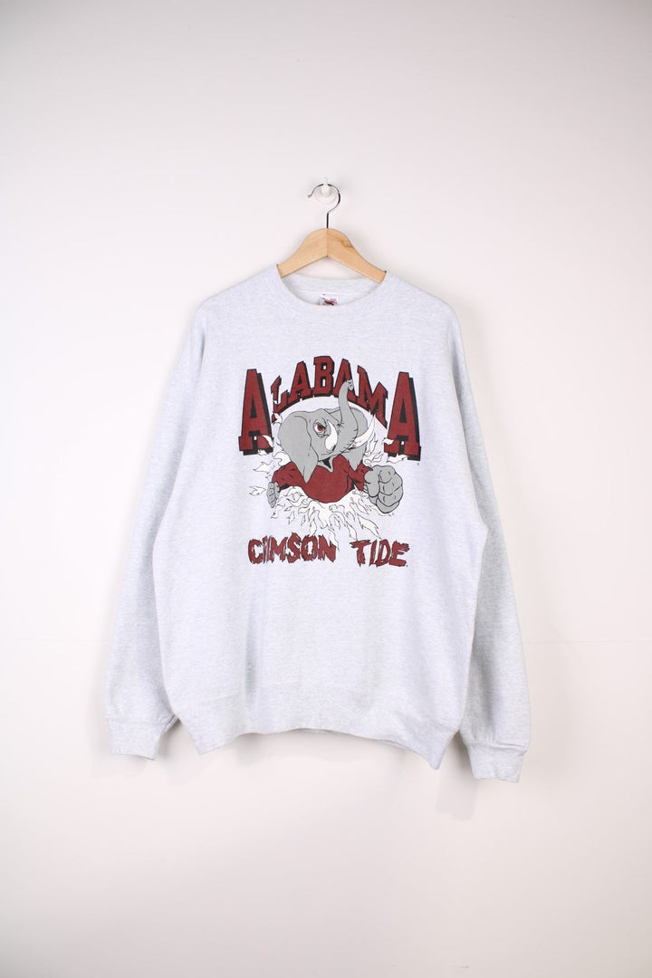 Vintage University of Alabama Crimson Tide Sweatshirt in a grey colourway with an elephant ripping through the sweat graphic print on the front and back alongside the spell out.