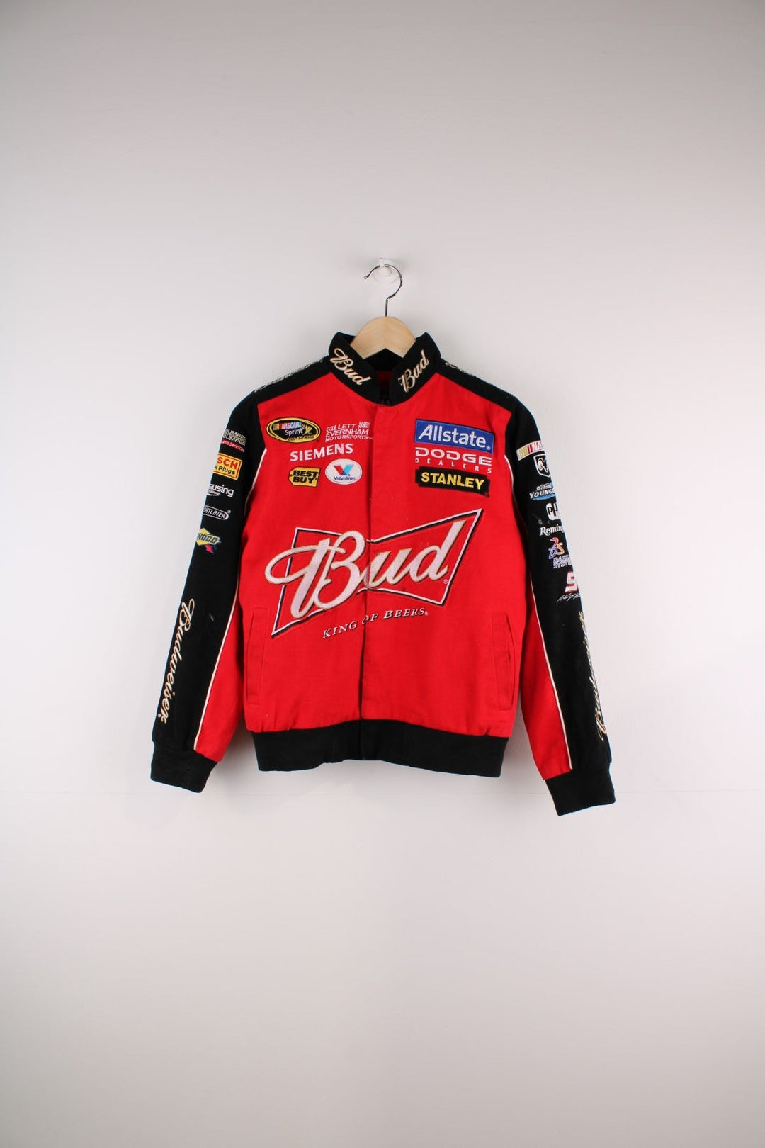 Vintage Nascar Budweiser Racing Jacket in a red colourway with his name, car and racing number printed on the front in a big graphic.