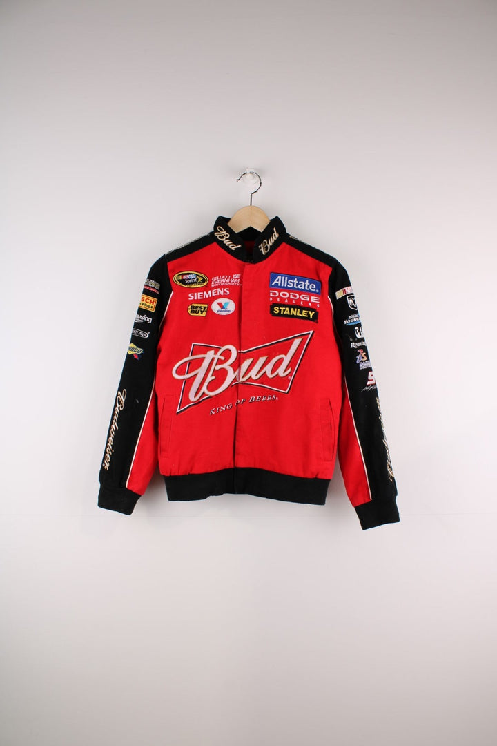 Vintage Nascar Budweiser Racing Jacket in a red colourway with his name, car and racing number printed on the front in a big graphic.