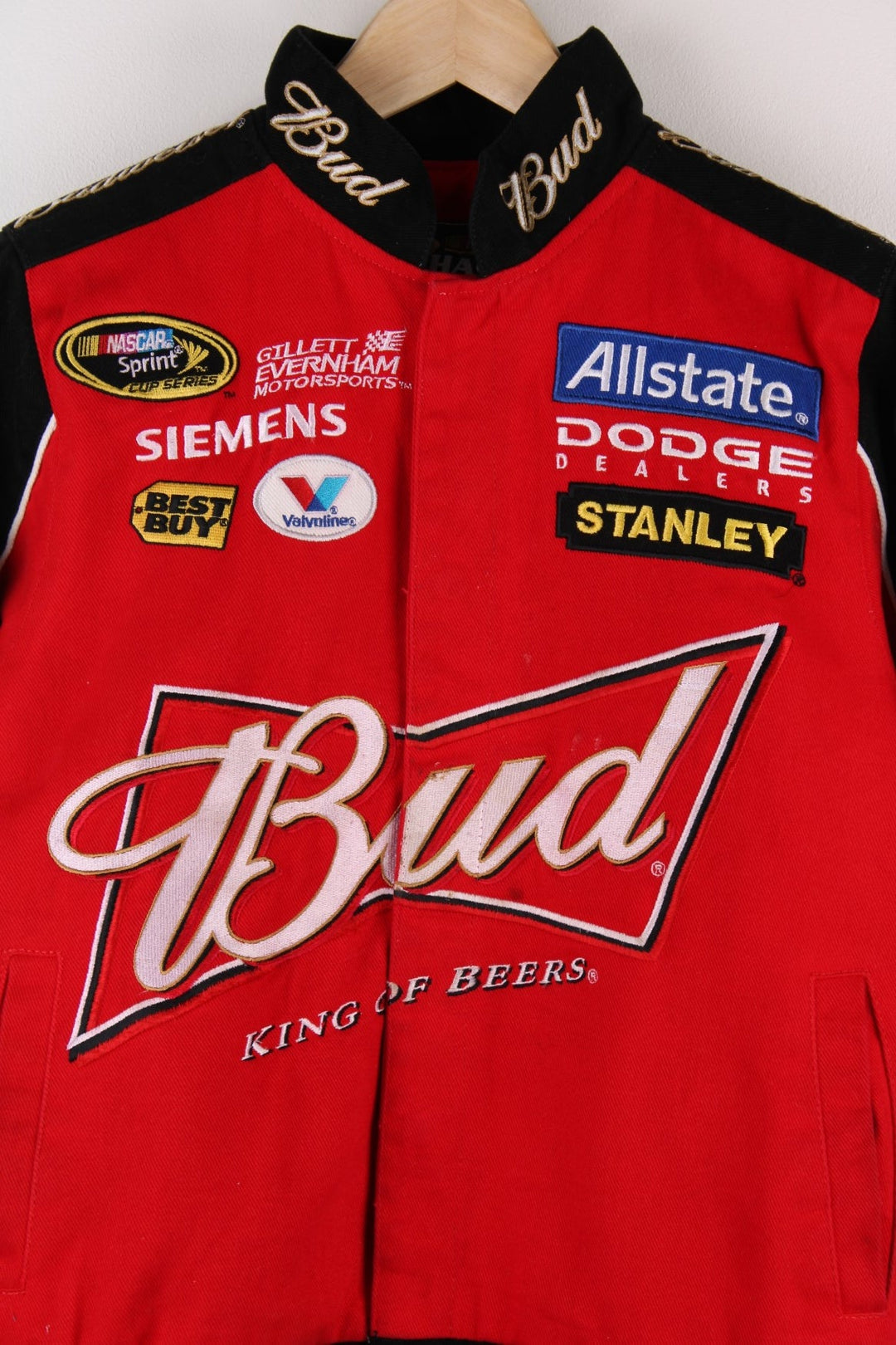 Vintage  Budweiser Racing Jacket in a  colourway with his name, car and racing number printed on the front in a big graphic.