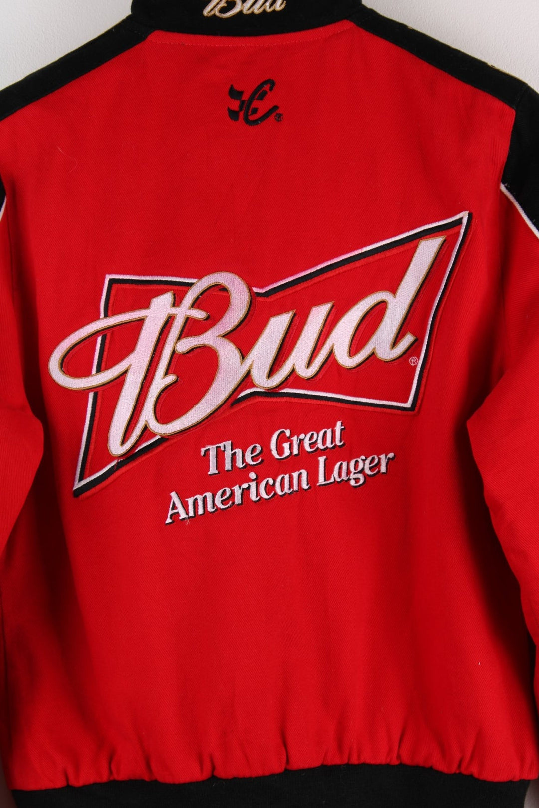 Vintage  Budweiser Racing Jacket in a  colourway with his name, car and racing number printed on the front in a big graphic.