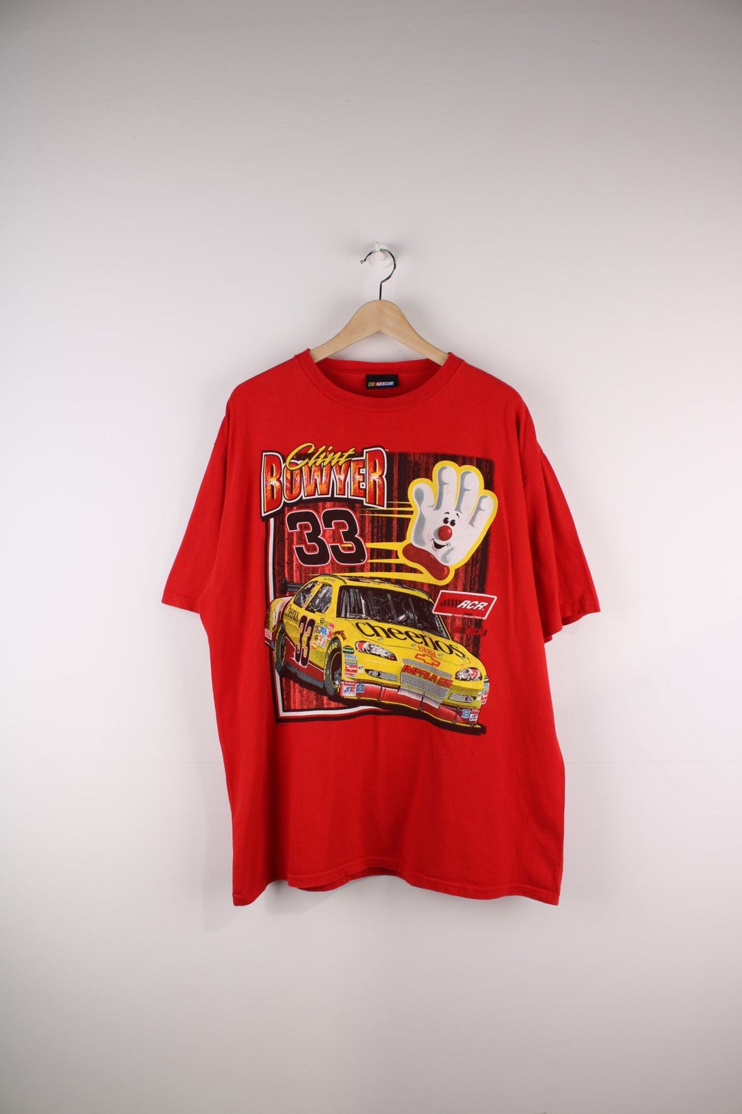 Clint Bower Nascar Racing T-Shirt in a red colourway with his name, car and racing number printed on the front in a big graphic.